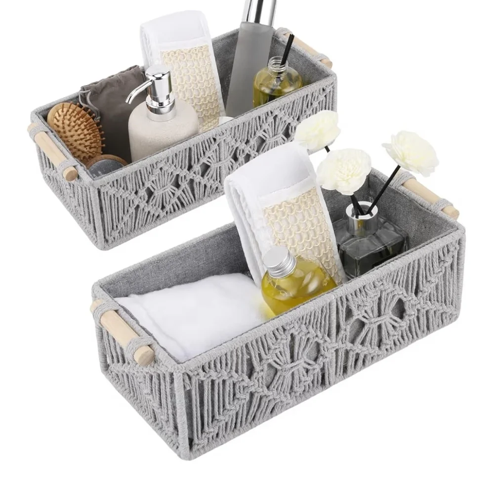 Gray Macrame Bathroom Storage Baskets